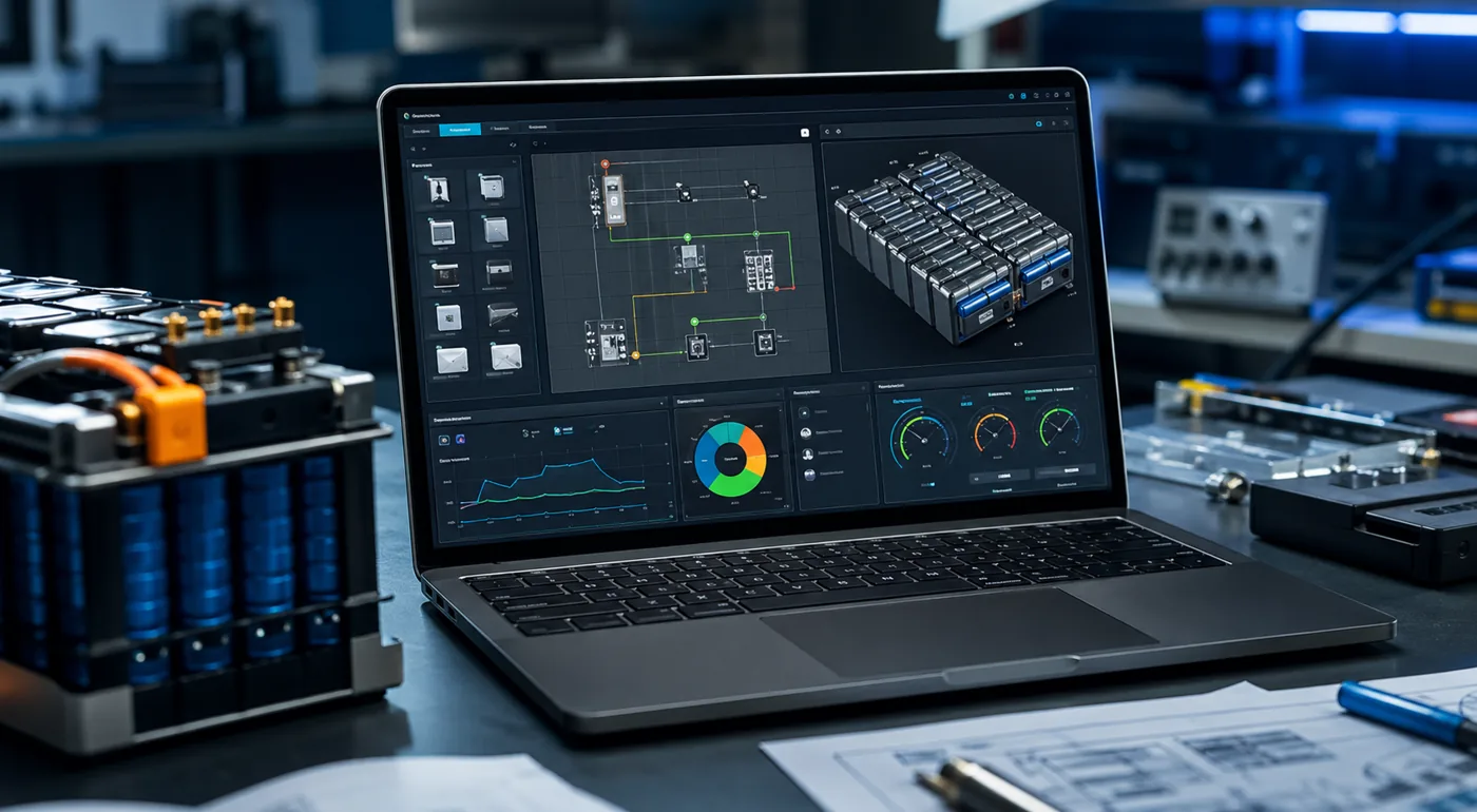 Battery design software interface on an engineering workstation