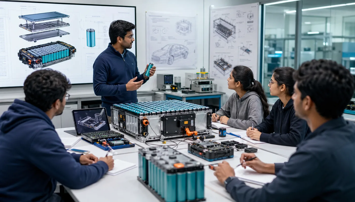 Battery design course lab with learners reviewing pack architecture